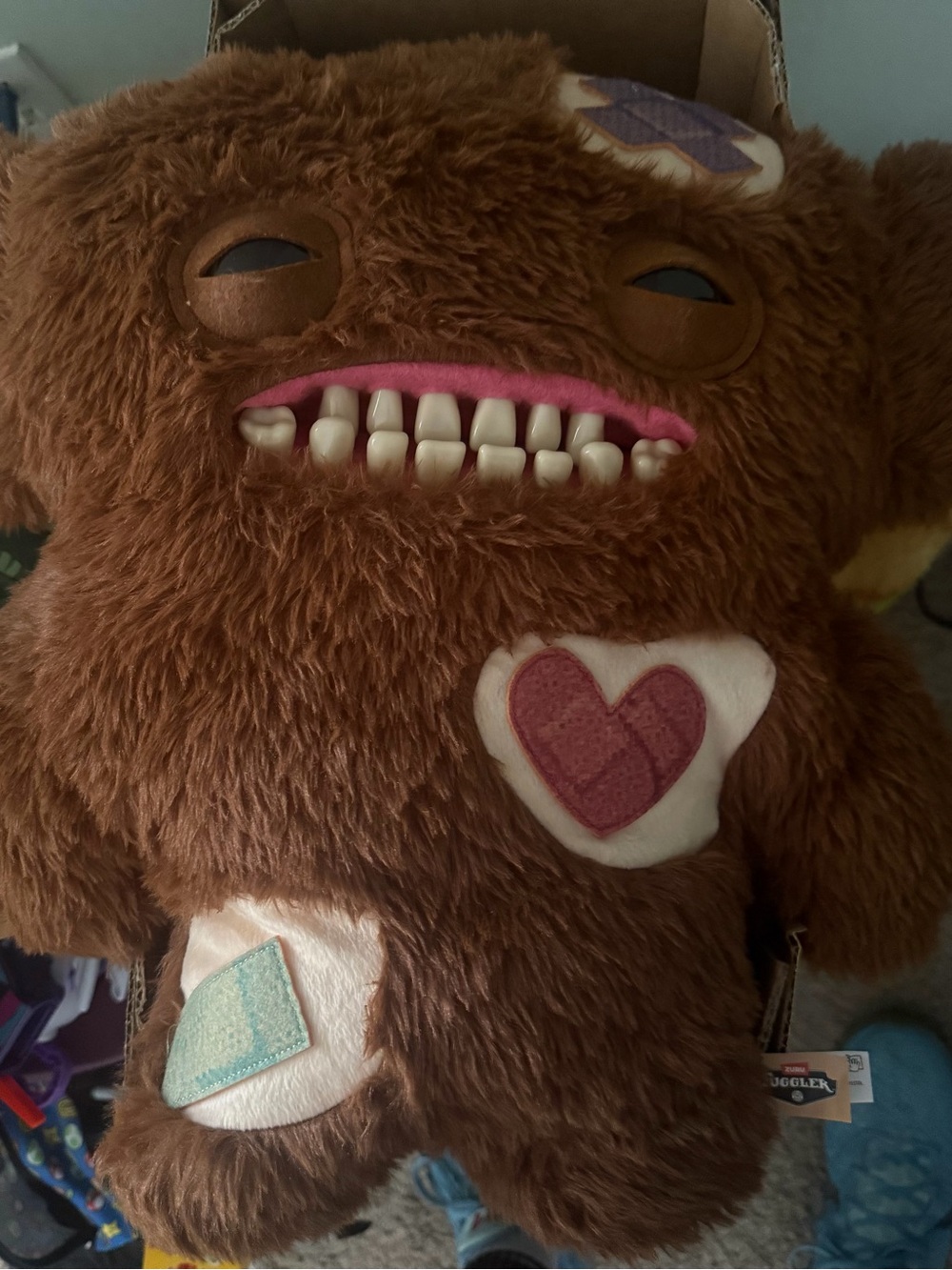 Fuggler Brown Plush Toy with Pink Accent and Heart Patch